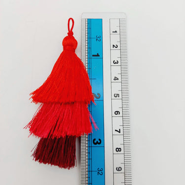 Red Cotton Tassels in Three Layers, Tassel Charms, Tiered Tassels x 2